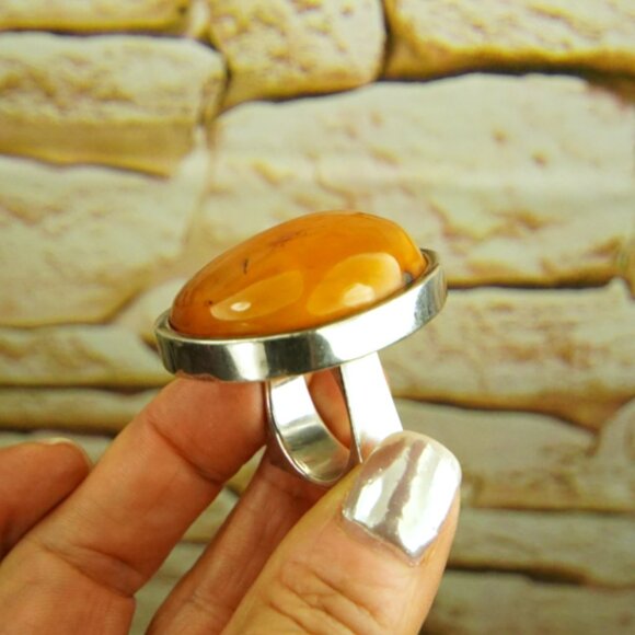 Giant Amber & 925 Silver Heavy Modernist Ring Size 9 - Rare To Find Gift - Picture 14 of 16